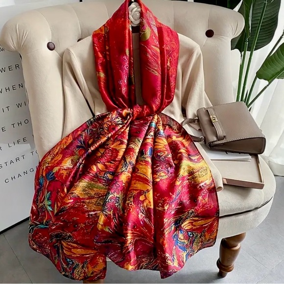 Source Unknown Accessories - Bright Red Shawl/Scarf/Wrap in Vibrant Multicolored Hues. XL  33”x71”